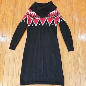 Lauren Ralph Lauren Nordic Knit Sweater Dress S Black Red Turtleneck Fair Isle